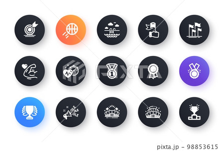 Minimal set of Best rank, Arena stadium and Strong arm flat icons for web development. Ole chant, Target goal, Cardio training icons. Swimming pool, Winner, Success web elements. Vector 98853615