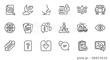 Outline set of Love night, Business vision and Business podium line icons for web application. Talk, information, delivery truck outline icon. Vector 98853616
