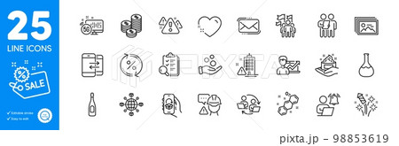 Outline icons set. Leadership, Teamwork process and Builder warning icons. Champagne, Heart, Warning web elements. Phone communication, Survey, Messenger mail signs. Image gallery. Vector 98853619