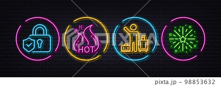 Airport transfer, Hot sale and Security lock minimal line icons. Neon laser 3d lights. Fireworks explosion icons. For web, application, printing. Vector 98853632