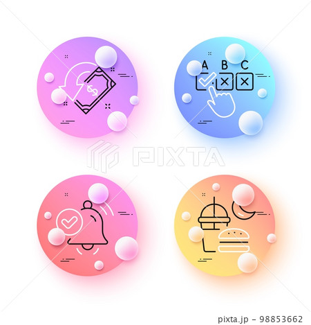 Correct checkbox, Notification received and Night eat minimal line icons. 3d spheres or balls buttons. Cashback icons. For web, application, printing. Answer, Alarm approved, Junk food. Vector Correct checkbox, Notification received and Night eat minimal line icons. 3d spheres or balls buttons. Cashback icons. For web, application, printing. Answer, Alarm approved, Junk food. Vector 98853662