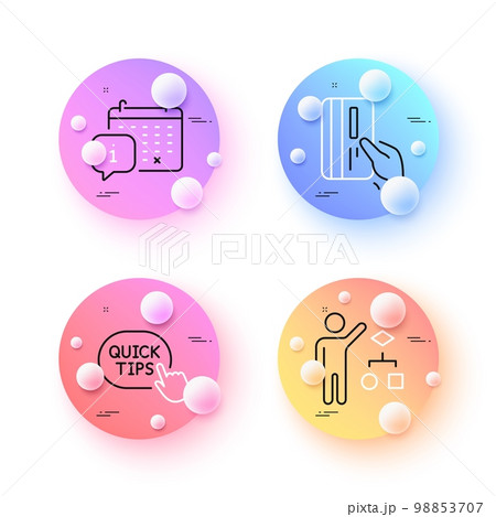 Payment card, Quick tips and Calendar minimal line icons. 3d spheres or balls buttons. Algorithm icons. For web, application, printing. Credit card, Helpful tricks, Appointment info. Vector 98853707