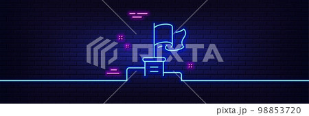Neon light glow effect. Winner flag line icon. Goal success sign. Leader symbol. 3d line neon glow icon. Brick wall banner. Winner flag outline. Vector 98853720