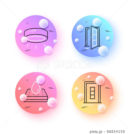 Open door, Waterproof mattress and Door minimal line icons. 3d spheres or balls buttons. Led lamp icons. For web, application, printing. Entrance, Sleeping pad, Spotlight illuminate. Vector 98854159