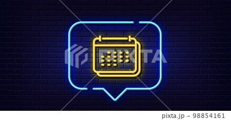 Neon light speech bubble. Calendar line icon. Annual planner sign. Event schedule symbol. Neon light background. Calendar glow line. Brick wall banner. Vector 98854161