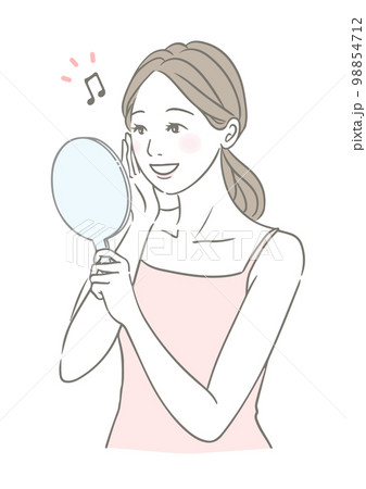 手鏡を見るご機嫌な笑顔の女性 美容イメージイラスト 98854712