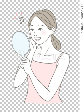 手鏡を見るご機嫌な笑顔の女性 美容イメージイラスト 98854712