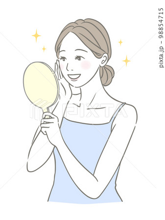 手鏡を見るキラキラした笑顔の女性 美容イメージイラスト 青 98854715