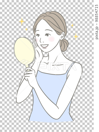 手鏡を見るキラキラした笑顔の女性 美容イメージイラスト 青 98854715