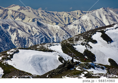 蝶ヶ岳から見る残雪の東鎌尾根と裏銀座の山並み 98854960