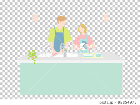 Two people clearing dishes in the kitchen Two people clearing dishes in the kitchen 98854973