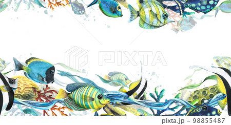 Animals of the underwater world, coral reefs, waves of water, sea sponges, algae and bright, colorful fish. Watercolor illustration. Seamless border pattern from the TROPICAL FISH collection. 98855487