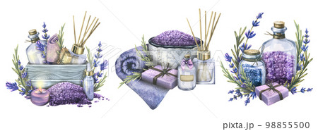 Handmade cosmetics, bath salts, soap, bombs with bottles, towels, lavender flowers and candles. Watercolor illustration. A set of compositions from the LAVENDER SPA collection. For decoration Handmade cosmetics, bath salts, soap, bombs with bottles, towels, lavender flowers and candles. Watercolor illustration. A set of compositions from the LAVENDER SPA collection. For decoration 98855500