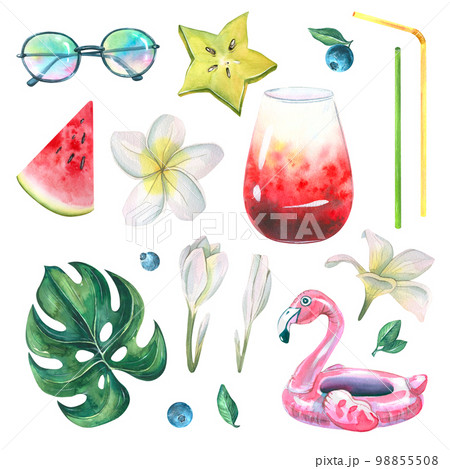 Alcoholic cocktail with tropical leaves, plumeria flowers, sunglasses, pink, inflatable flamingo, carmbola, watermelon and blueberries. Watercolor illustration. A set from the BEACH BAR collection. Alcoholic cocktail with tropical leaves, plumeria flowers, sunglasses, pink, inflatable flamingo, carmbola, watermelon and blueberries. Watercolor illustration. A set from the BEACH BAR collection. 98855508