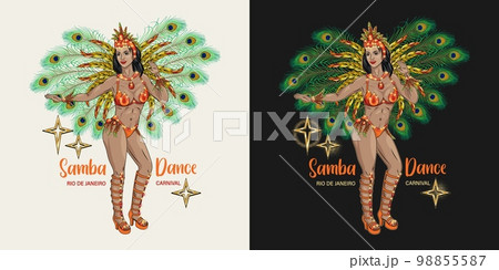 Label with brazilian samba female dancer in full growth, golden stars, text Carnival latino girl wearing shiny festival costume with colorful feathers. Decor for Brazilian carnival in vintage style. Label with brazilian samba female dancer in full growth, golden stars, text Carnival latino girl wearing shiny festival costume with colorful feathers. Decor for Brazilian carnival in vintage style. 98855587