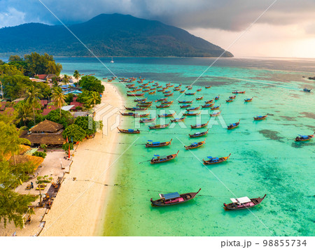Aerial view of Sunrise beach with long tail boats in Koh Lipe, Satun, Thailand 98855734