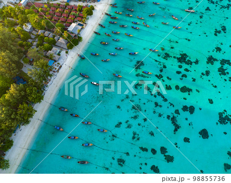 Aerial view of Sunrise beach with long tail boats in Koh Lipe, Satun, Thailand 98855736