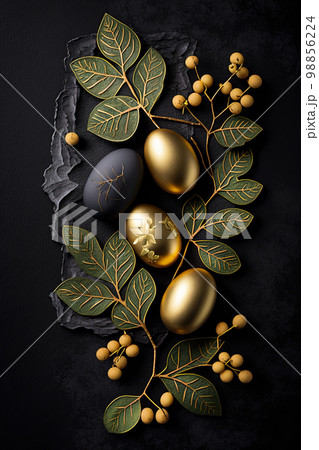Golden easter egg. Golden and black eggs decoration. Easter decoration Golden easter egg. Golden and black eggs decoration. Easter decoration 98856224