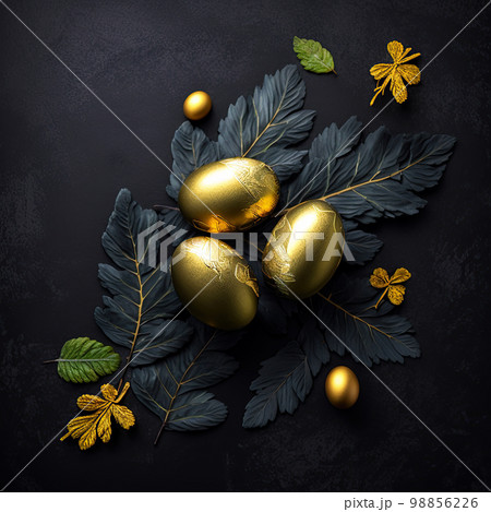 Golden easter egg. Golden and black eggs decoration. Easter decoration Golden easter egg. Golden and black eggs decoration. Easter decoration 98856226