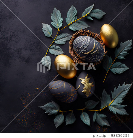 Golden easter egg. Golden and black eggs decoration. Easter decoration 98856232