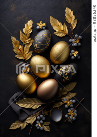 Golden easter egg. Golden and black eggs decoration. Easter decoration 98856240