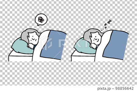 不眠症で悩む女性と熟睡する女性のイラスト素材　ブルー 98856642