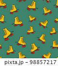 Seamless pattern with bright yellow roller skates doodle style, vector illustration on green background. 90's vibes, design for wrapping or packaging, leisure 98857217