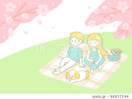 お花見 ピクニックをする家族 犬とブランケットに座っている かわいくてシンプルな手描きイラスト 98857244
