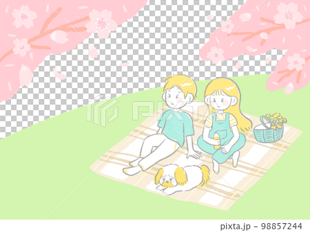 お花見 ピクニックをする家族 犬とブランケットに座っている かわいくてシンプルな手描きイラスト 98857244
