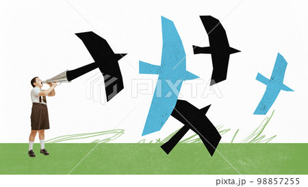 Contemporary art collage. Little boy and drawn birds. Concept of spring time, happy mood, comparison of seasons. Inspiration, creativity, ad concept. Contemporary art collage. Little boy and drawn birds. Concept of spring time, happy mood, comparison of seasons. Inspiration, creativity, ad concept. 98857255