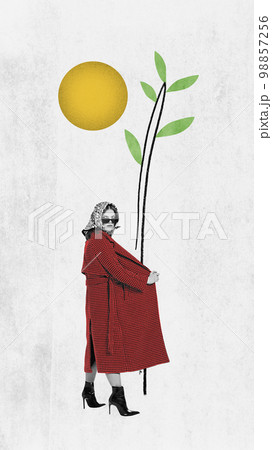 Stylish strange girl in coat hiding green young tree. Contemporary art collage. Concept of spring time, happy mood, comparison of seasons. Inspiration, creativity, ad concept. Stylish strange girl in coat hiding green young tree. Contemporary art collage. Concept of spring time, happy mood, comparison of seasons. Inspiration, creativity, ad concept. 98857256