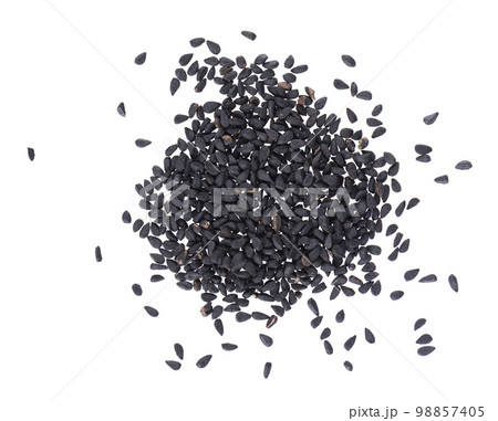 Black cumin seeds isolated on white background. Heap of black nigella seeds. Nigella sativa. Top view. 98857405
