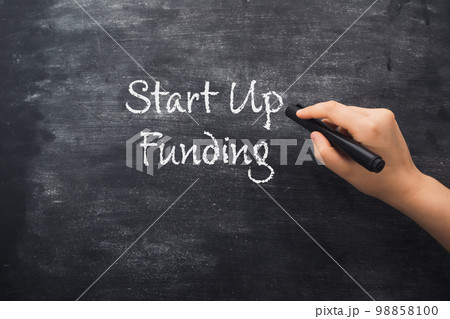Person points to phrase Start Up Funding on blackboard 98858100