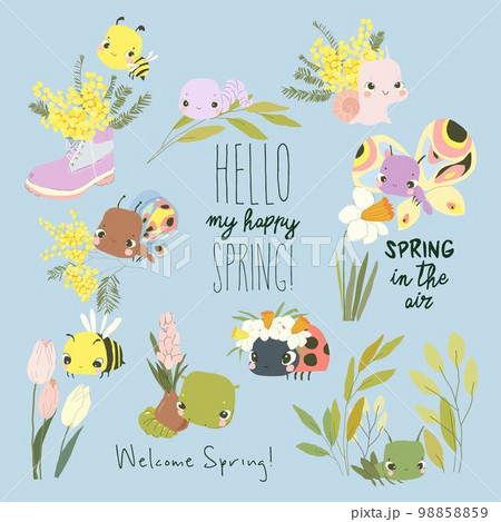 Cartoon Set with Cute Baby Insects, Flowers and Plants 98858859