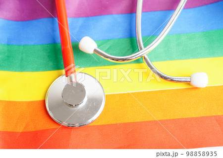 LGBT symbol, Stethoscope with rainbow ribbon, rights and gender equality, LGBT Pride Month in June. 98858935