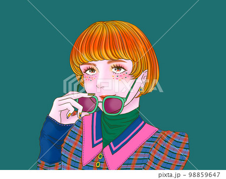 メガネをはずす女の子　無地　青背景 98859647