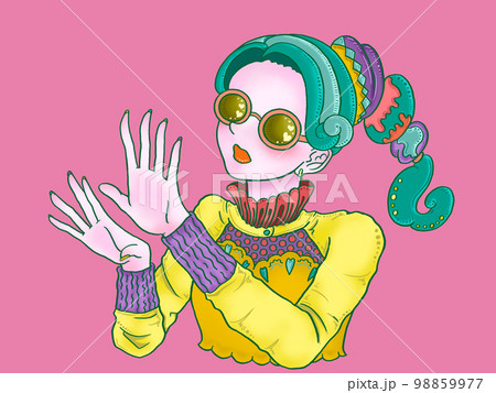 ネイルを見る女の子　爪を見る女の子　無地　ピンク背景 98859977