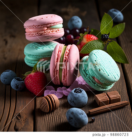 Cake macaron or macaroon stack on wooden table, colorful bright cookies with berries and nuts. Cake macaron or macaroon stack on wooden table, colorful bright cookies with berries and nuts. 98860723