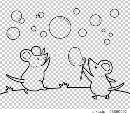 Coloring book of two mice playing with soap bubbles 98860992