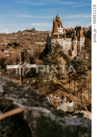 Vampire Bran Castle View from Hill with Cross 98861219