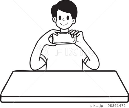 Hand Drawn man taking photo on dining table illustration in doodle style Hand Drawn man taking photo on dining table illustration in doodle style 98861472