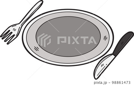 Hand Drawn Food plate with fork and knife illustration in doodle style Hand Drawn Food plate with fork and knife illustration in doodle style 98861473