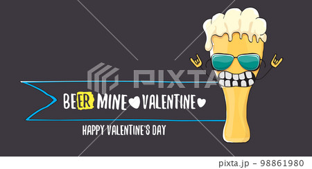 Beer mine valentines vector valentines greeting horizontal banner with beer glass cartoon character isolated on grey background. Vector adult valentines day party poster design template Beer mine valentines vector valentines greeting horizontal banner with beer glass cartoon character isolated on grey background. Vector adult valentines day party poster design template 98861980