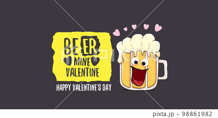 Beer mine valentines vector valentines greeting horizontal banner with beer glass cartoon character isolated on grey background. Vector adult valentines day party poster design template Beer mine valentines vector valentines greeting horizontal banner with beer glass cartoon character isolated on grey background. Vector adult valentines day party poster design template 98861982