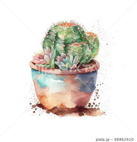Watercolor Cactus in Pot, Mexican Cacti, Generative AI Illustration 98862610