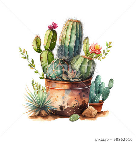 Watercolor Cactus in Pot, Mexican Cacti, Cute Succulent, Generative AI Illustration 98862616