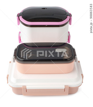 Close up of food containers isolated on white background. Close up of food containers isolated on white background. 98863583