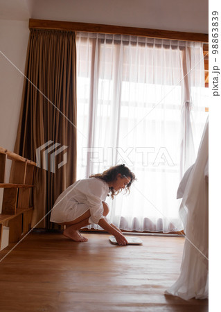 Woman Diet. Happy Woman Measuring Body Weight. Woman Putting Weighing Scale 98863839
