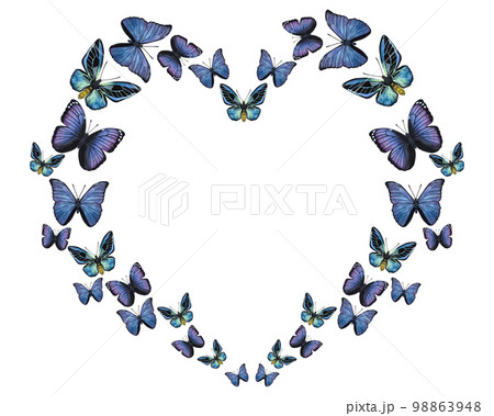 Frame blue violet butterflies. Shape of a heart. Hand-drawn watercolor illustration isolated on white background. Can be used for card, poster 98863948