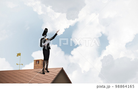 Concept of security and privacy protection with camera headed woman Concept of security and privacy protection with camera headed woman 98864165